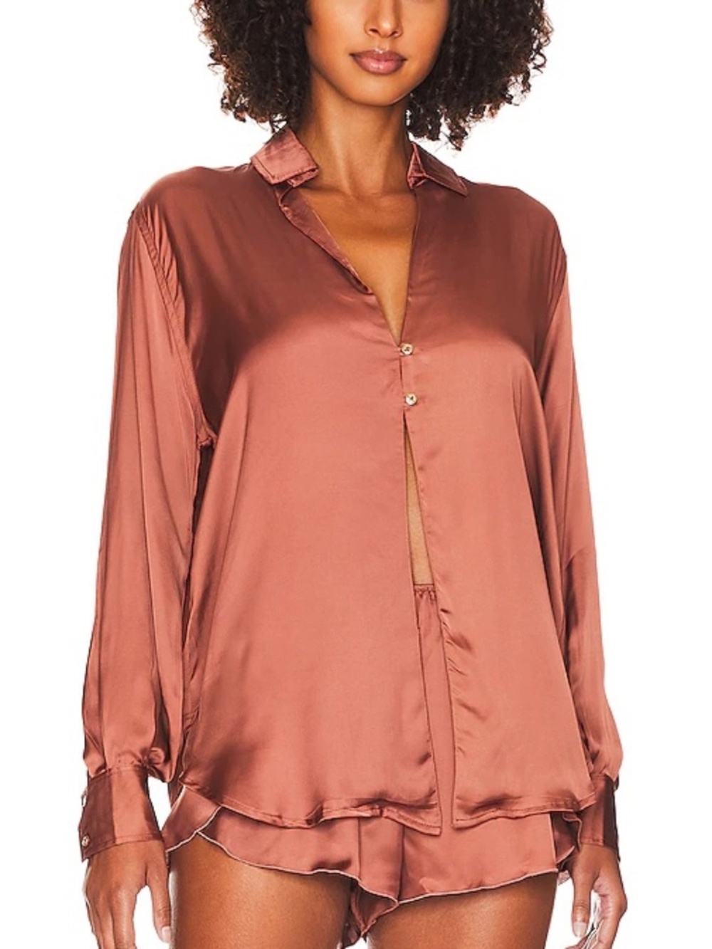 Indah Capella Button Up Top XS Brown Satin Vital Revolve